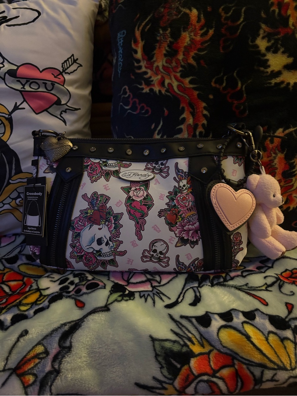 Ed Hardy Pink and Black Tattoo Skull Crossbody with Heart Charm